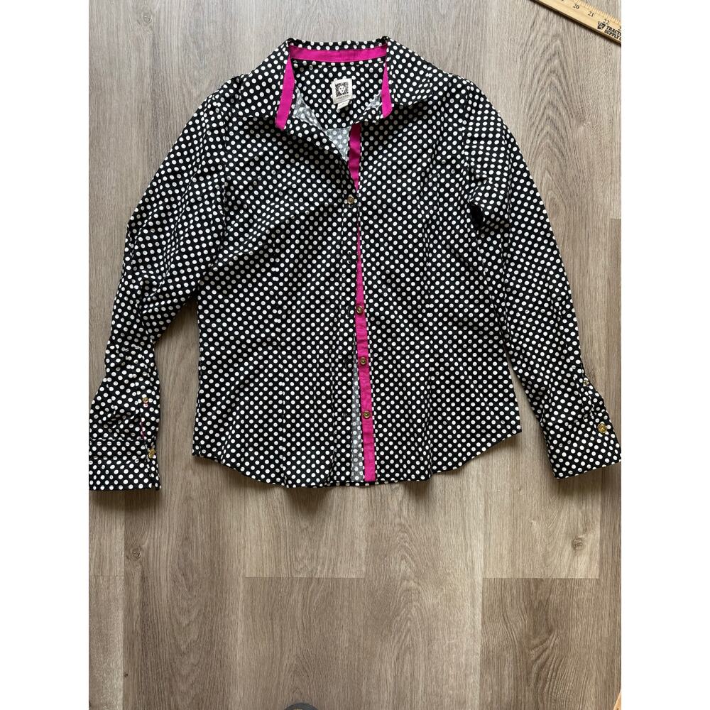 Anne Klein Women's button down long sleeve shirt, Black White Polka Dot, size 6